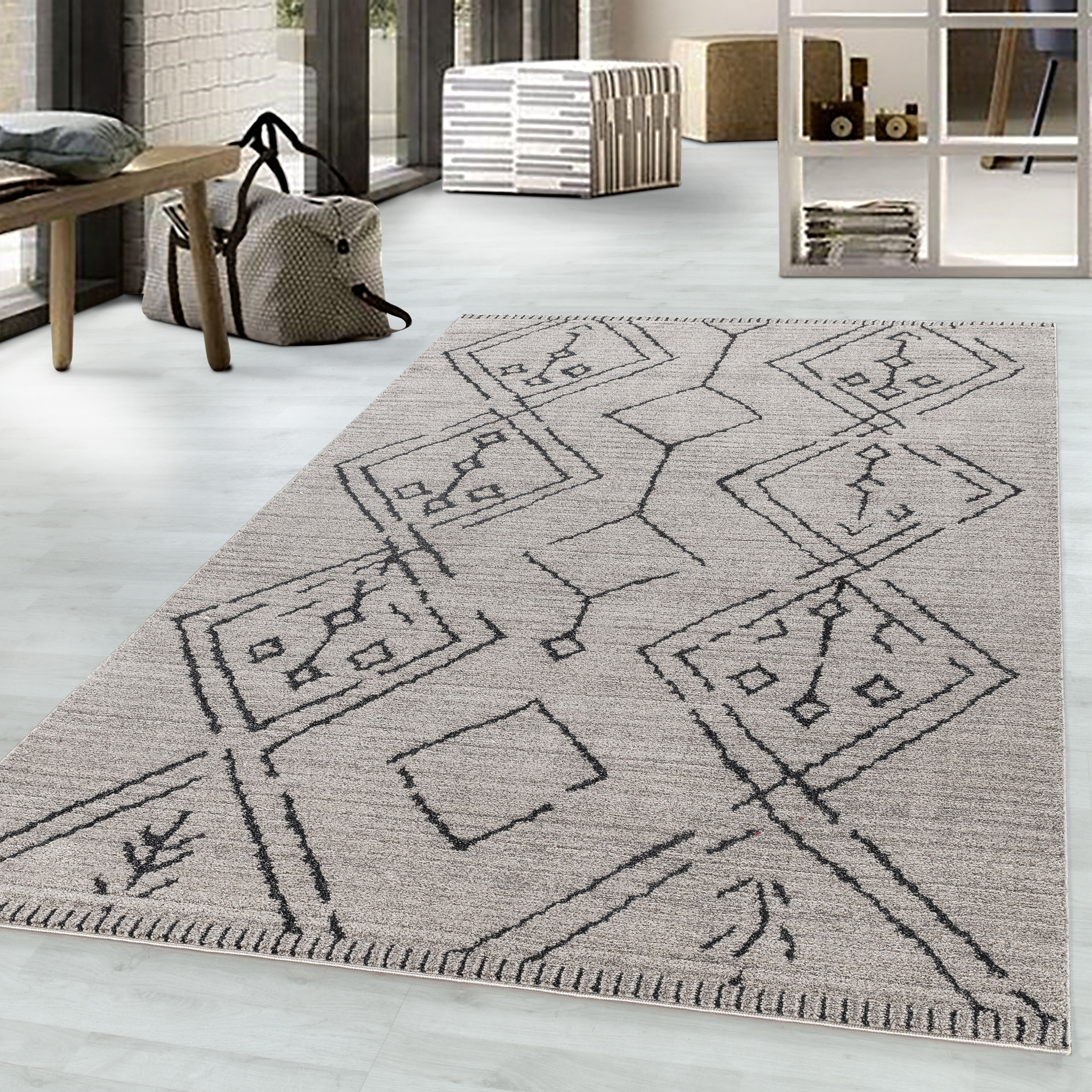 Kurzflor-Teppich im Boho-Design beige