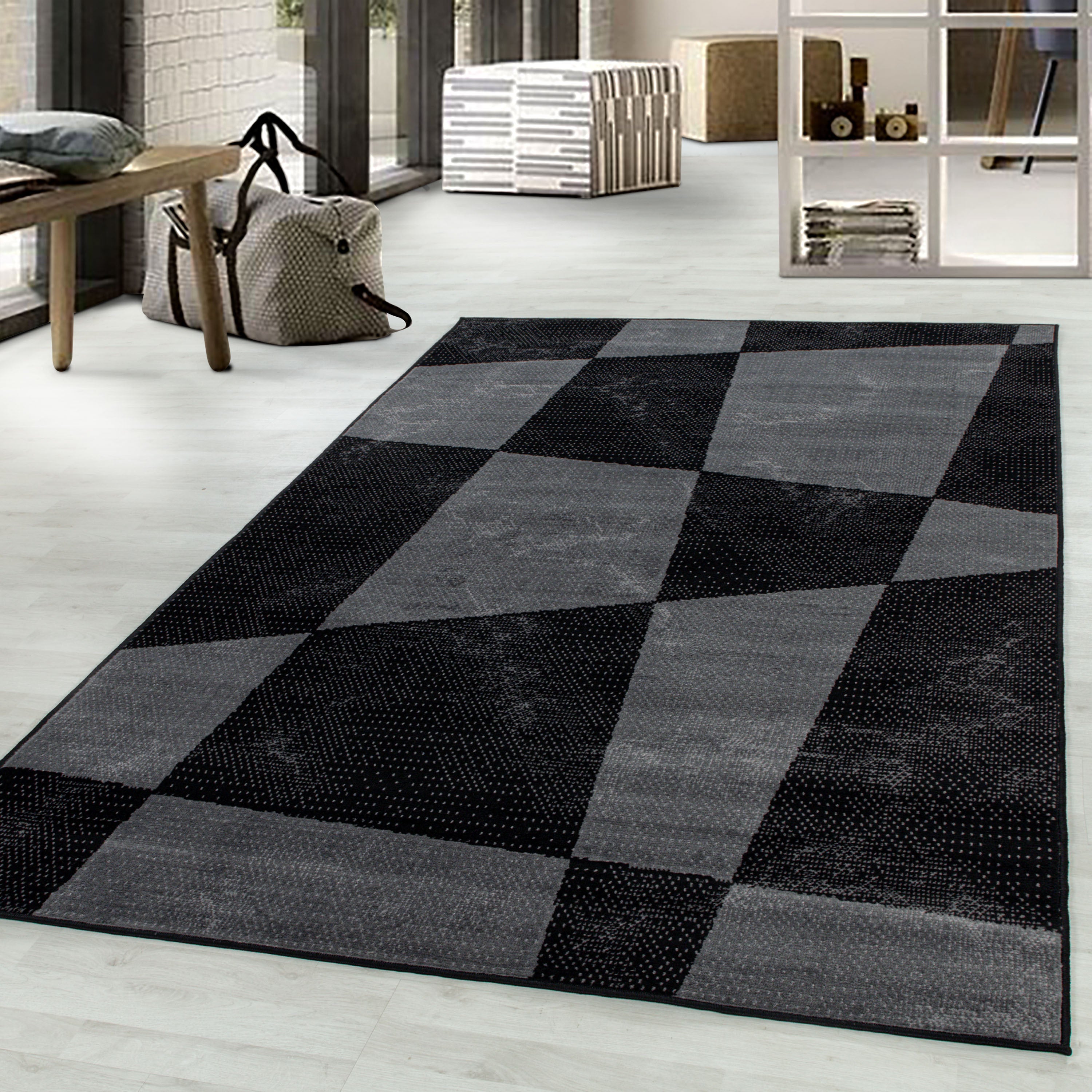 Kurzflor-Teppich in Stein-Optik grau und schwarz