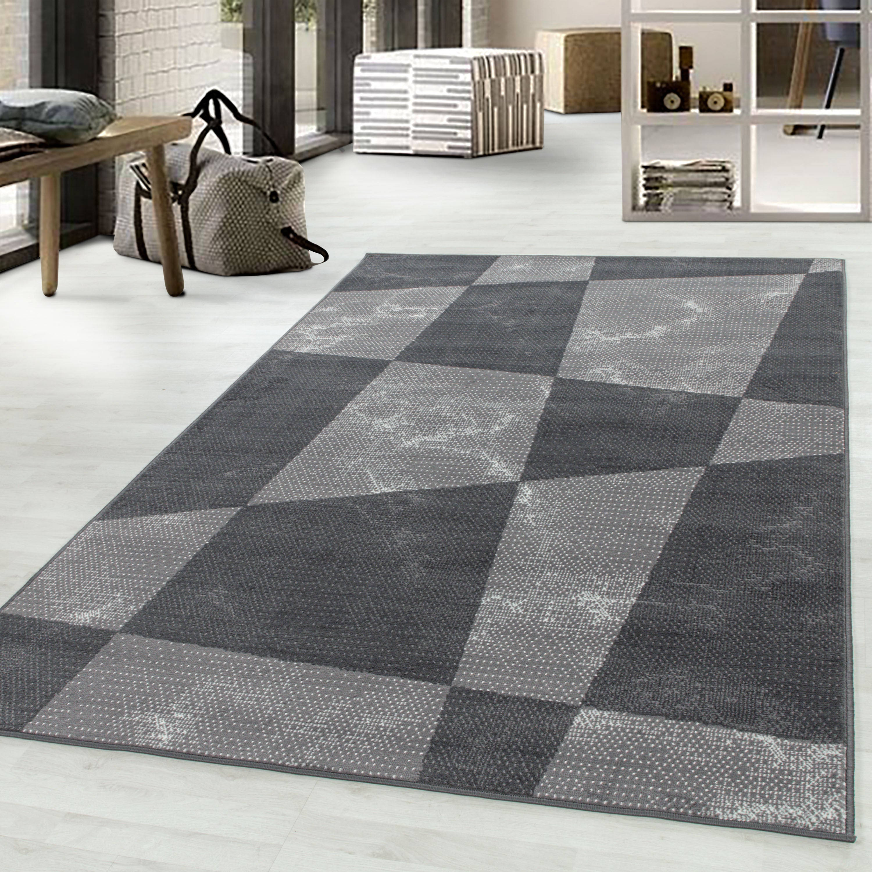 Kurzflor-Teppich in Stein-Optik grau und schwarz