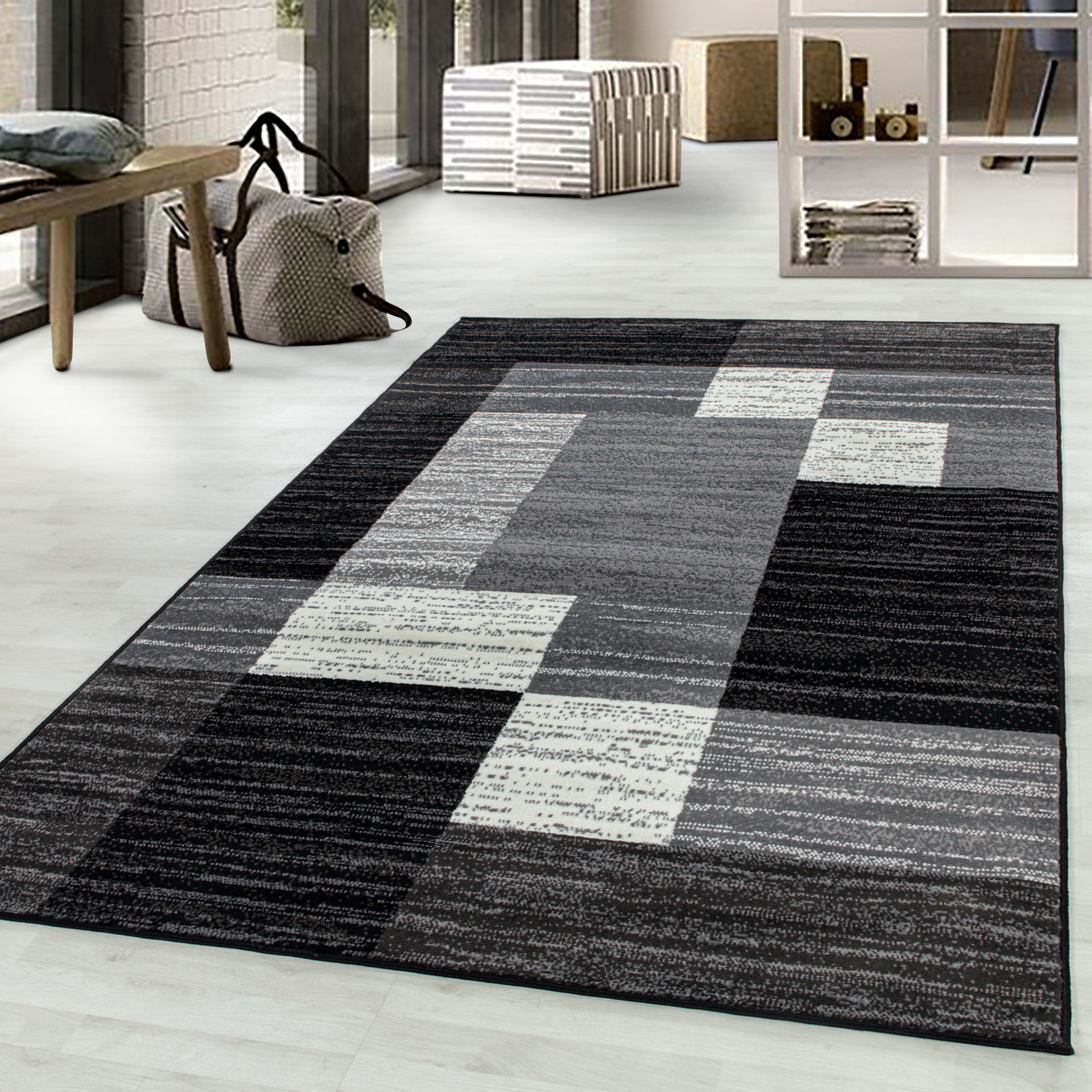 Kurzflor-Teppich elegantes kariertes Design schwarz