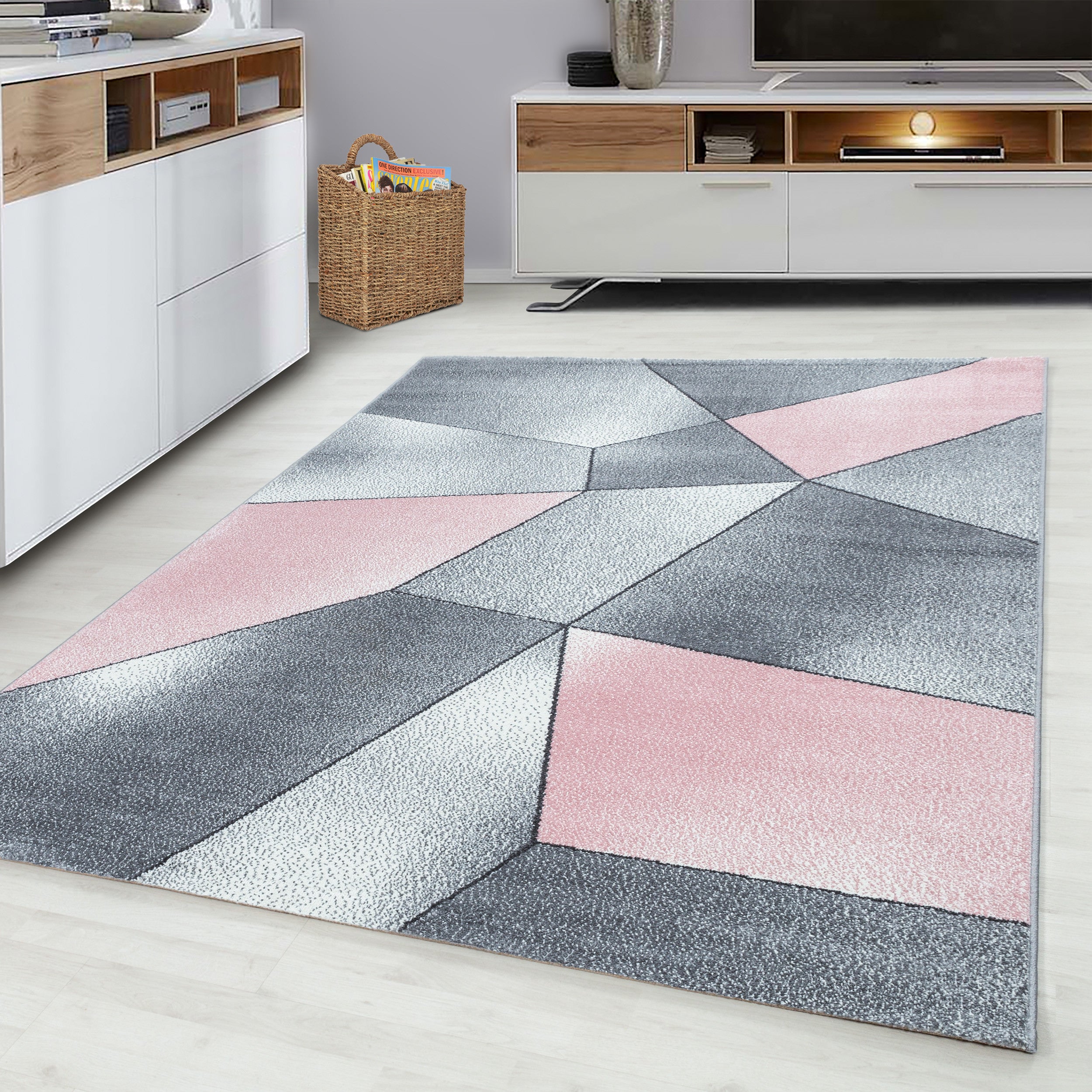 Kurzflor-Teppich Edeles Design grau und rosa