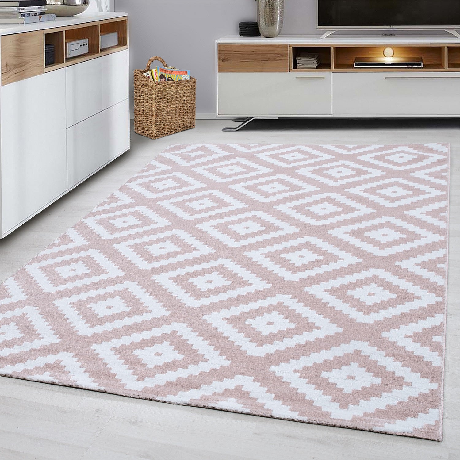 Kurzflor-Teppich karo Design in grau und rosa