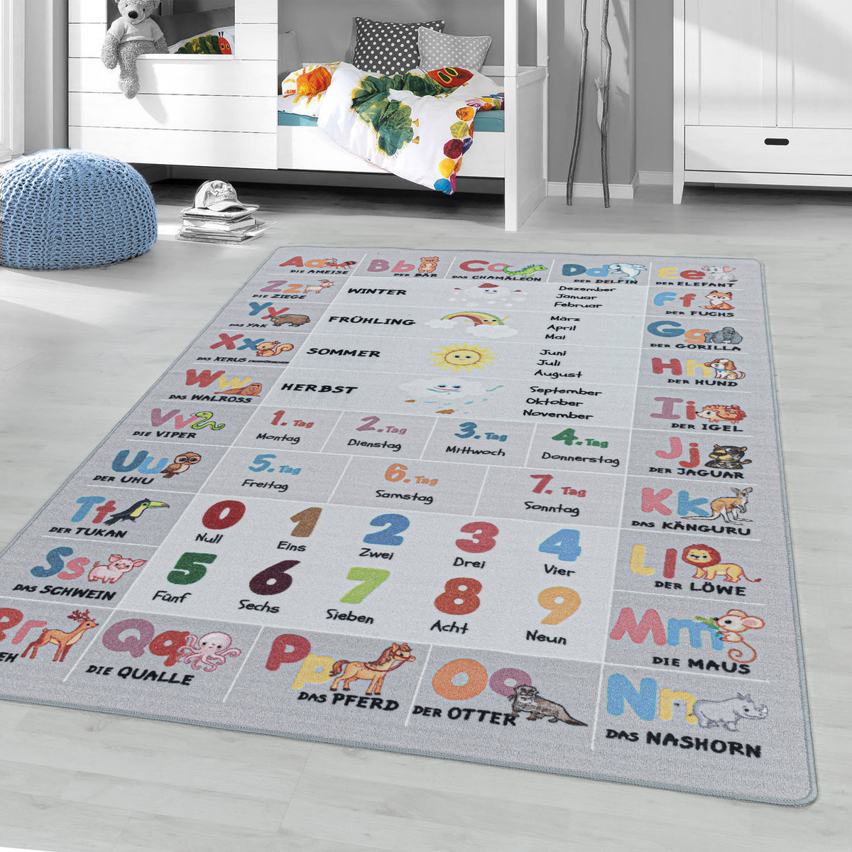 Kinder-Teppich in grau mit Buchstaben & Zahlen