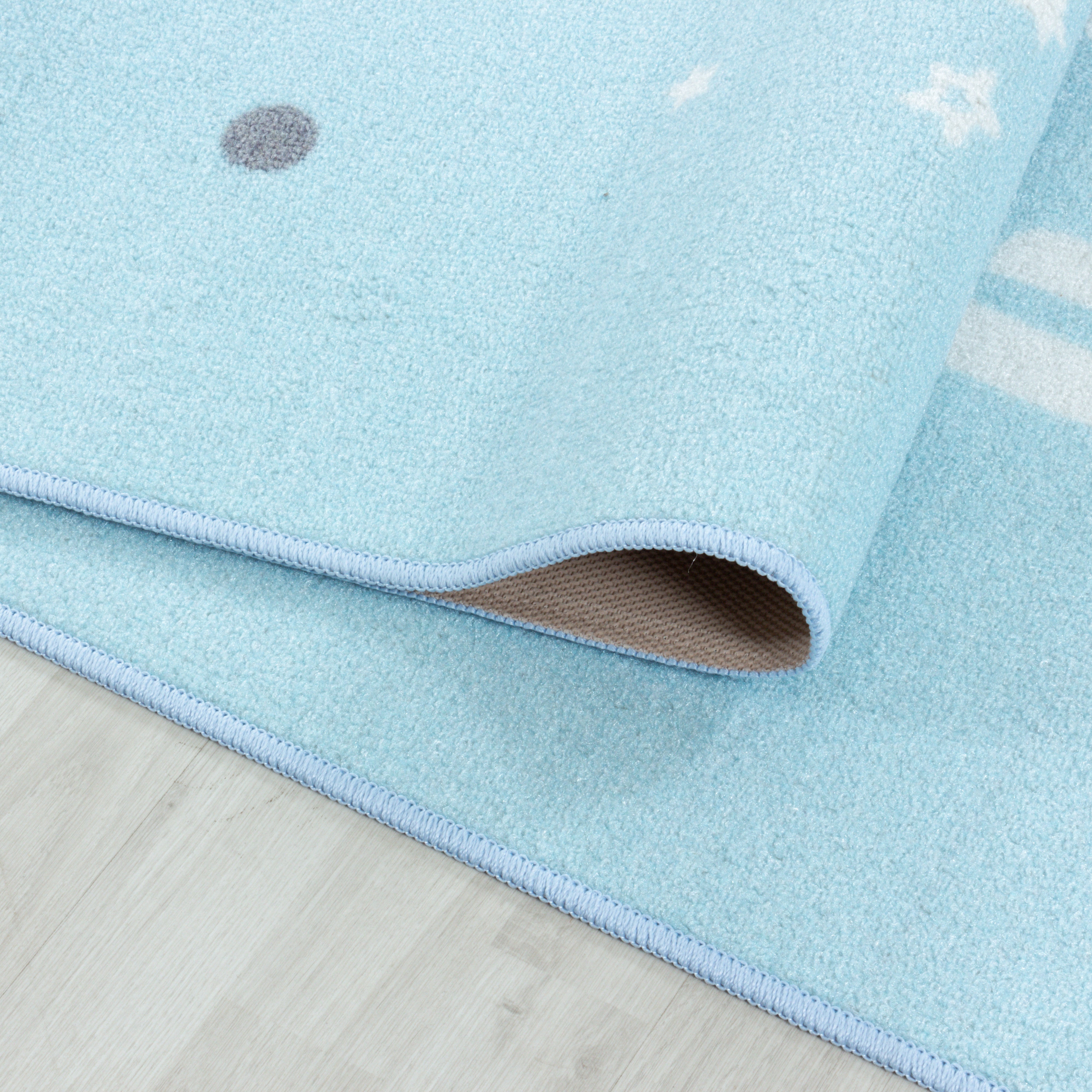 Kinder-Teppich lachender Stern in blau rosa und grau