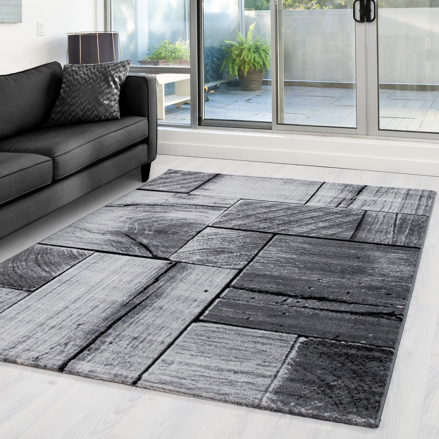 Kurzflor-Teppich Holz-Design grau