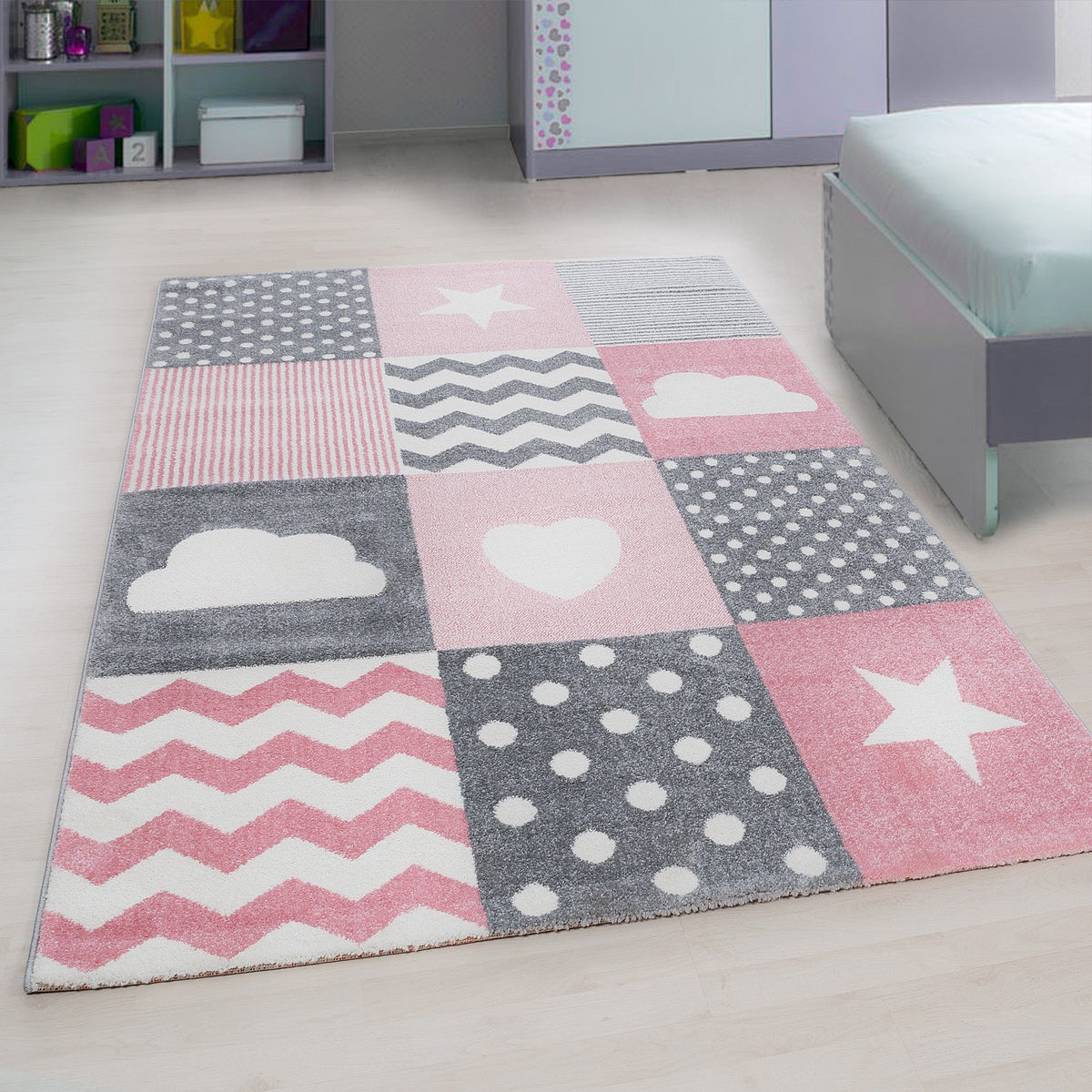 Kinder-Teppich rosa Herz und Stern Design