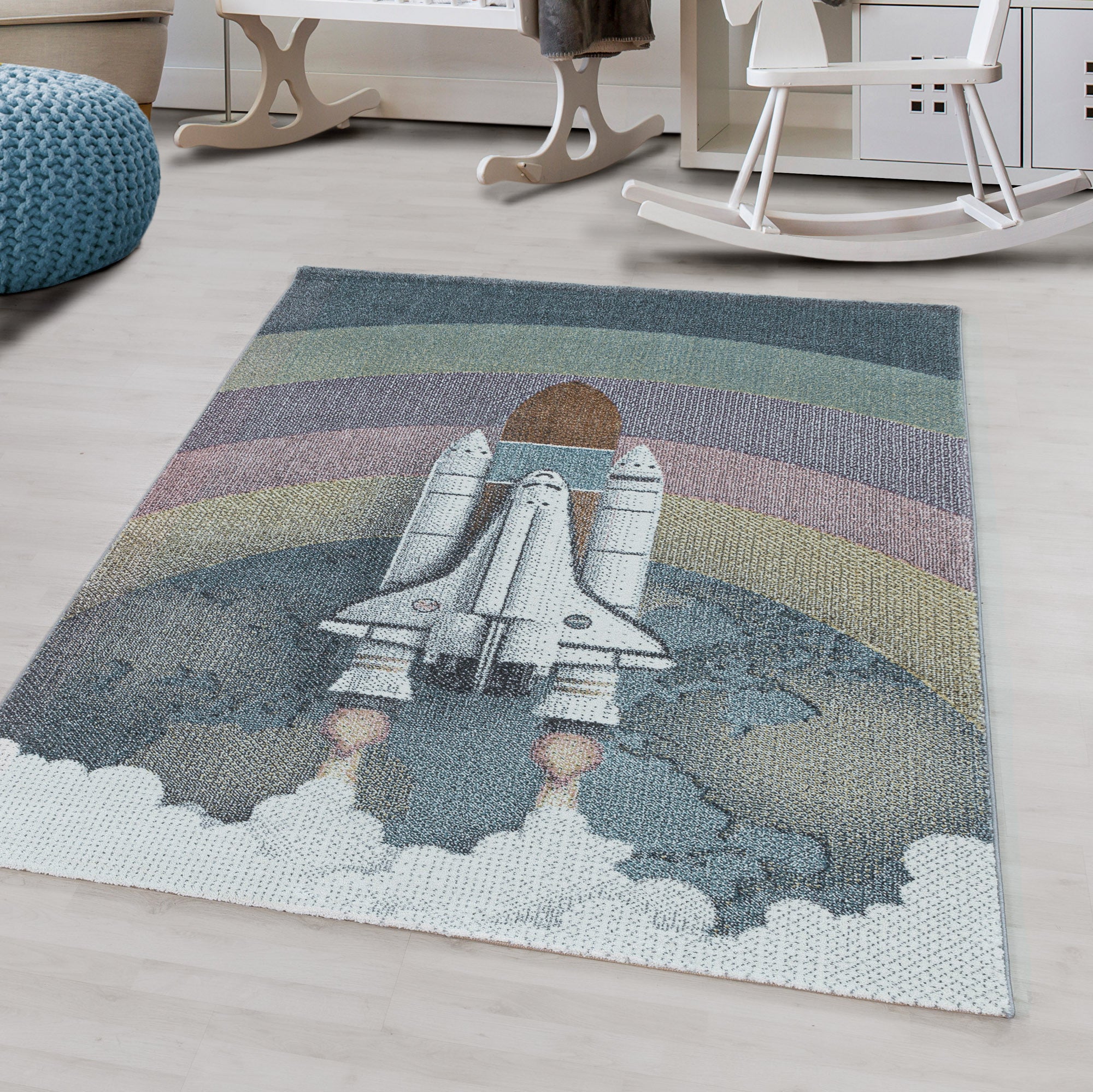 Kinder-Teppich Weltraumraketen Design bunt